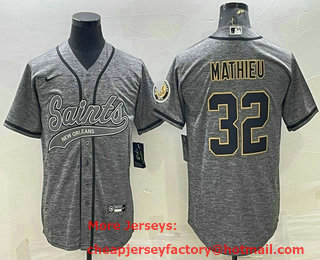 Men's New Orleans Saints #32 Tyrann Mathieu Grey Gridiron With Patch Cool Base Stitched Baseball Jersey
