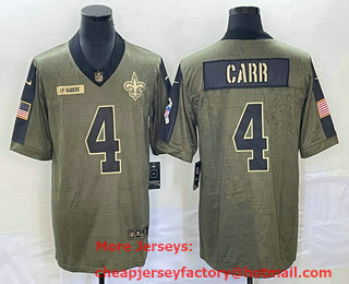 Men's New Orleans Saints #4 Derek Carr 2021 Olive Salute To Service Limited Stitched Jersey (1)