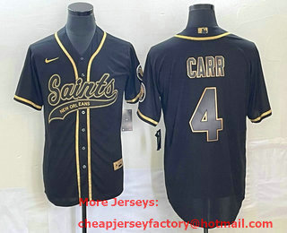 Men's New Orleans Saints #4 Derek Carr Black Gold With Patch Cool Base Stitched Baseball Jersey