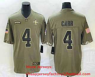 Men's New Orleans Saints #4 Derek Carr Olive 2022 Salute To Service Limited Stitched Jersey