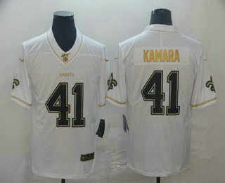 Men's New Orleans Saints #41 Alvin Kamara White 100th Season Golden Edition Jersey