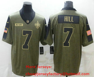 Men's New Orleans Saints #7 Taysom Hill 2021 Olive Salute To Service Limited Stitched Jersey