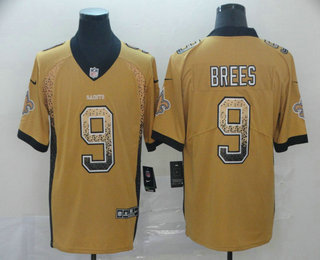 Men's New Orleans Saints #9 Drew Brees Gold 2018 Fashion Drift Color Rush Stitched NFL Nike Limited Jersey