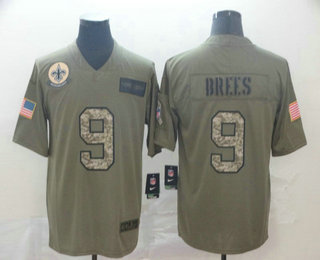 Men's New Orleans Saints #9 Drew Brees Olive Camo 2019 Salute To Service Stitched NFL Nike Limited Jersey