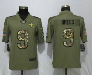Men's New Orleans Saints #9 Drew Brees Olive With Camo 2017 Salute To Service Stitched NFL Nike Limited Jersey