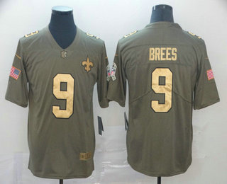 Men's New Orleans Saints #9 Drew Brees Olive with Gold 2017 Salute To Service Stitched NFL Nike Limited Jersey