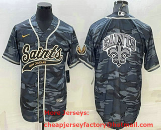 Men's New Orleans Saints Blank Grey Navy Team Big Logo With Patch Cool Base Stitched Baseball Jersey