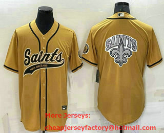 Men's New Orleans Saints Gold Team Big Logo With Patch Cool Base Stitched Baseball Jersey