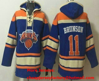 Men's New Yok Knicks #11 Jalen Brunson Blue Lace Up Pullover Hoodie
