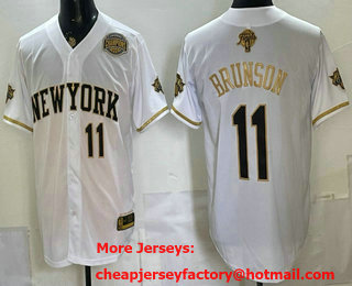 Men's New Yok Knicks #11 Jalen Brunson White Gold 2026 Finals Champions Patch Stitched Baseball Jersey