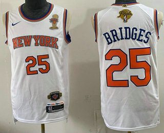 Men's New York Knicks #25 Mikal Bridges White 2026 Finals Champions Patch Statement Edition Stitched Jersey