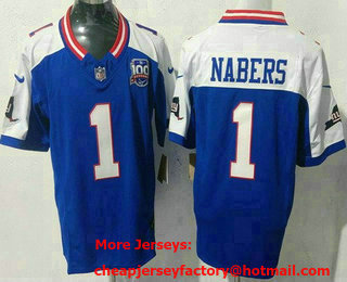 Men's New York Giants #1 Malik Nabers Limited Blue Thanksgiving 100 Seasons FUSE Vapor Jersey