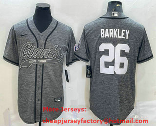 Men's New York Giants #26 Saquon Barkley Grey Gridiron With Patch Cool Base Stitched Baseball Jersey