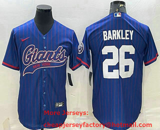Men's New York Giants #26 Saquon Barkley Pinstripe Blue With Patch Cool Base Stitched Baseball Jersey