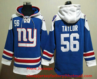 Men's New York Giants #56 Lawrence Taylor Blue Ageless Must Have Lace Up Pullover Hoodie