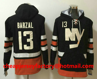 Men's New York Islanders #13 Mathew Barzal Black Pocket Stitched NHL Old Time Hockey Pullover Hoodie