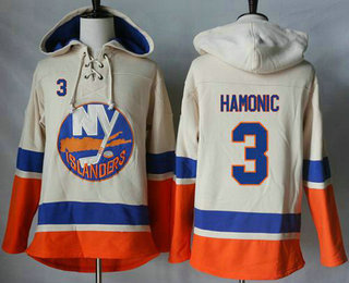 Men's New York Islanders #3 Travis Hamonic Cream Sawyer Hooded Sweatshirt Stitched NHL Jersey