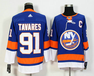 Men's New York Islanders #91 John Tavares Blue With C Patch Home 2017-2018 Hockey Stitched NHL Jersey