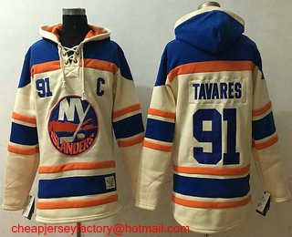 Men's New York Islanders #91 John Tavares Cream Stitched NHL Old Time Hockey Hoodie