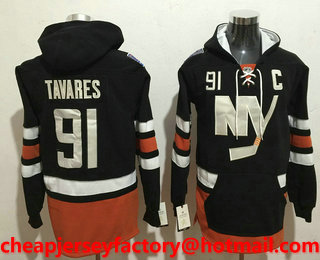 Men's New York Islanders #91 John Tavares NEW Black Stitched NHL Old Tim Hockey Hoodie