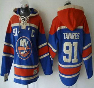 Men's New York Islanders #91 John Tavares Old Time Hockey Home Light Blue Hoody