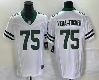 Men's New York Jets #75 Alijah Vera Tucker White 2023 FUSE Vapor Limited Throwback Stitched Jersey
