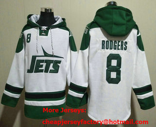 Men's New York Jets #8 Aaron Rodgers White Ageless Must Have Lace Up Pullover Hoodie