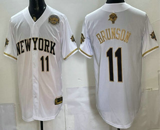 Men's New York Knicks #11 Jalen Brunson White Gold 2026 Champions Patch Stitched Baseball Jersey