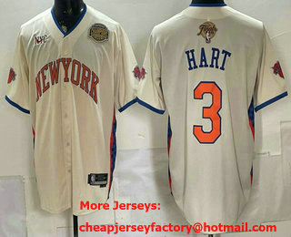 Men's New York Knicks #3 Josh Hart Cream 2026 Finals Eastern Conference Champions Patch Stitched Baseball Jersey