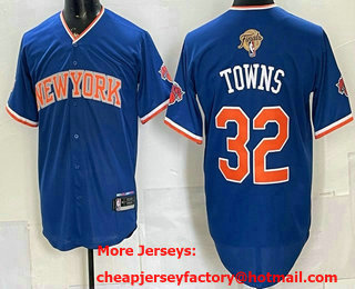 Men's New York Knicks #32 Karl-Anthony Towns Blue 2026 Finals Eastern Conference Champions Patch Stitched Baseball Jersey