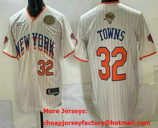 Men's New York Knicks #32 Karl-Anthony Towns Cream 2026 Finals Eastern Conference Champions Patch Stitched Baseball Jersey