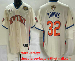 Men's New York Knicks #32 Karl-Anthony Towns Cream 2026 Finals Eastern Conference Champions Patch Stitched Baseball Jersey