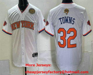 Men's New York Knicks #32 Karl-Anthony Towns White 2026 Finals Eastern Conference Champions Patch Stitched Baseball Jersey