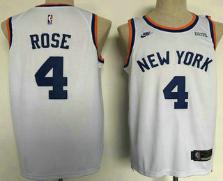 Men's New York Knicks #4 Derrick Rose White NEW 2021 Nike Swingman Stitched Jersey With Sponsor