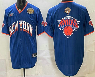 Men's New York Knicks Team Big Logo Royal 2026 Finals Eastern Conference Champions Patch Stitched Baseball Jersey