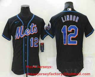 Men's New York Mets #12 Francisco Lindor Black Stitched MLB Flex Base Nike Jersey
