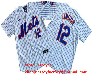 Men's New York Mets #12 Francisco Lindor White Pinstripe Limited Stitched Jersey