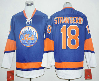 Men's New York Mets #18 Darryl Strawberry Blue Long Sleeve Baseball Jersey