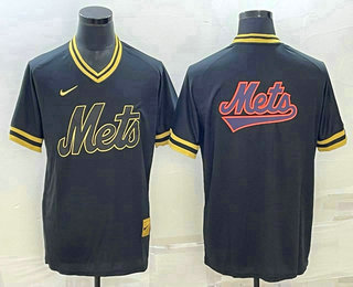 Men's New York Mets Big Logo Black Gold Nike Cooperstown Legend V Neck Jersey 01