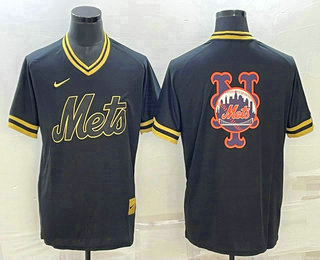 Men's New York Mets Big Logo Black Gold Nike Cooperstown Legend V Neck Jersey 02