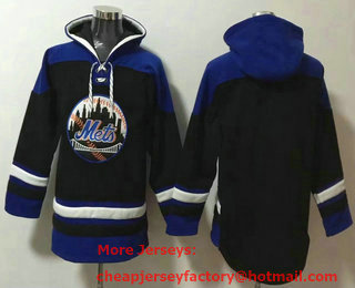 Men's New York Mets Blank Black Ageless Must Have Lace Up Pullover Hoodie