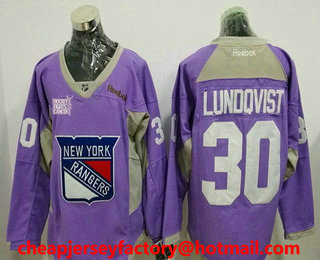 Men's New York Rangers #30 Henrik Lundqvist Purple Pink Hockey Fights Cancer Practice Stitched NHL Reebok Hockey Jersey