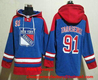 Men's New York Rangers #91 Vladimir Tarasenko Blue 2023 Ageless Must Have Lace Up Pullover Hoodie