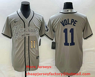 Men's New York Yankees #11 Anthony Volpe Number Grey With Patch Cool Base Stitched Baseball Jersey
