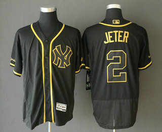 Men's New York Yankees #2 Derek Jeter Black Gold Stitched MLB Flex Base Jersey
