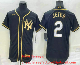 Men's New York Yankees #2 Derek Jeter Black Gold Stitched MLB Flex Base Nike Jersey