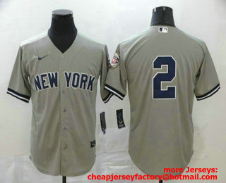 Men's New York Yankees #2 Derek Jeter Gray No Name 2020 Hall of Fame Patch Stitched MLB Cool Base Nike Jersey