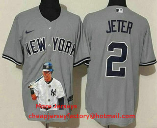 Men's New York Yankees #2 Derek Jeter Gray Portrait Cool Base Jersey