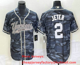 Men's New York Yankees #2 Derek Jeter Grey Camo Cool Base With Patch Stitched Baseball Jersey