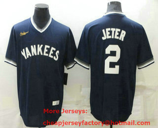 Men's New York Yankees #2 Derek Jeter Navy Blue Cooperstown Collection Stitched MLB Throwback Nike Jersey